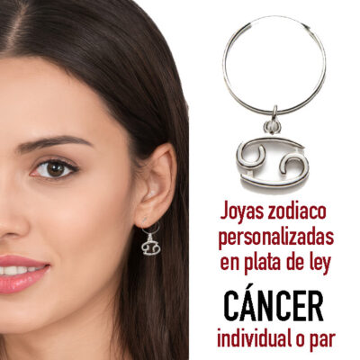 Los pendientes de aro de plata de la colección del zodiaco tienen un diámetro de 12mm Puedes comprar 1 par de pendientes de aro con el charm del signo zodiaco CANCER de plata o 1 pendiente individual