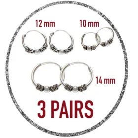 Pack 3 pares de pendientes de Aros bali NUSAS. Aretes balineses de 10mm 12mm 14mm de plata