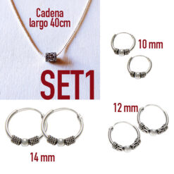 set collar y 3 pendientes de aro bali de 10mm, 12mm y 14mm