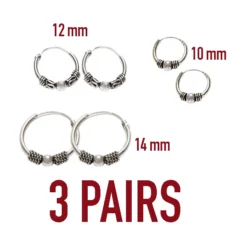Pack 3 pares de pendientes de Aros bali NUSAS. Aretes balineses de 10mm 12mm 14mm de plata