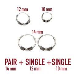 Pack 3 pendientes de Aros bali NUSAS. Aretes balineses de 1 Par (2pcs) de 14mm, 1 Single (1pc) de 12mm y 1 Single (1pc) de 10mm