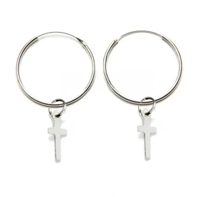 pendientes de aro con cruz de plata de ley