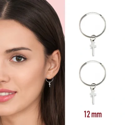 pendientes de aro con cruz de plata de ley de 12mm